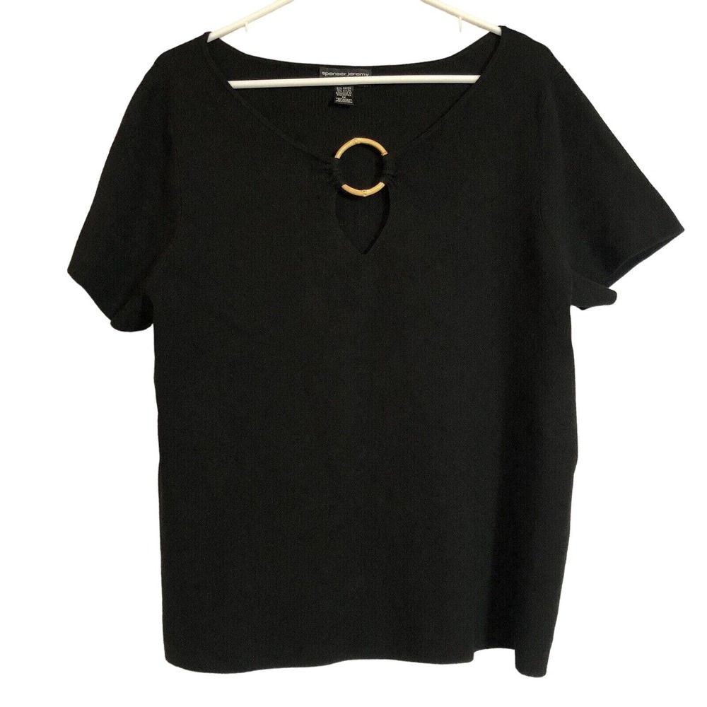 Spenser Jeremy Women Short Sleeve Sweater Sz 1X Black Bamboo Key Hole Minimalist